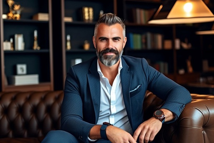Hombre maduro con traje en un salón, perfil de sugar daddy para conectar con sugar baby en sugar dating