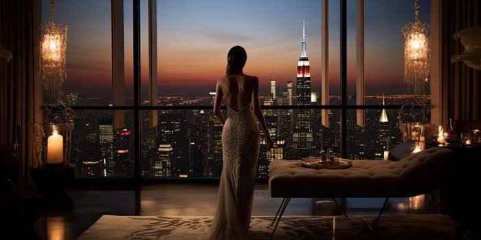 woman standing front window overlooking city