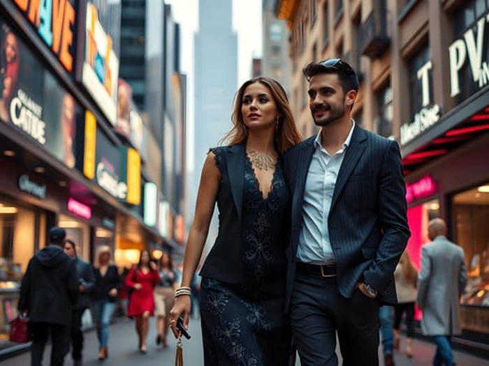 An Indian couple walking in a busy street