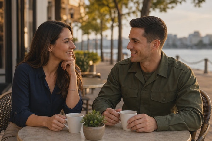 Military dating couple talking at a waterfront cafe