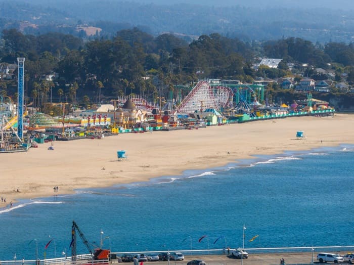 Aerial view of santa cruz beach boardwalk and coastal landscape