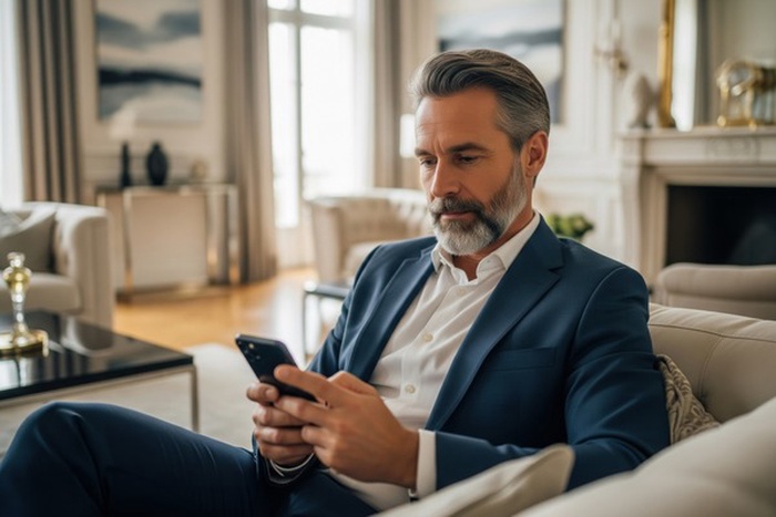 Sugar daddy en sala lujosa usando el móvil, perfil serio para sugar dating con privacidad.