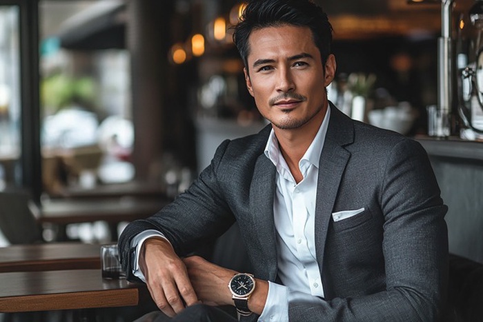 Quý ông lịch lãm tại quán cà phê, phong cách sugar daddy cho sugar dating, ảnh hồ sơ thu hút sugar baby.