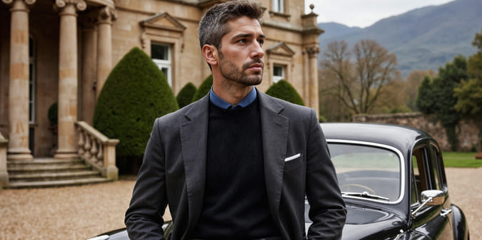 a sugar daddy leaning on a luxury car