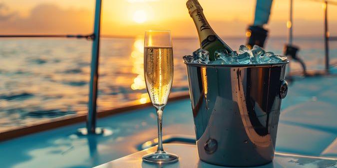 champagne bottle ice bucket with champagne glass serving passenger tourist luxury catam